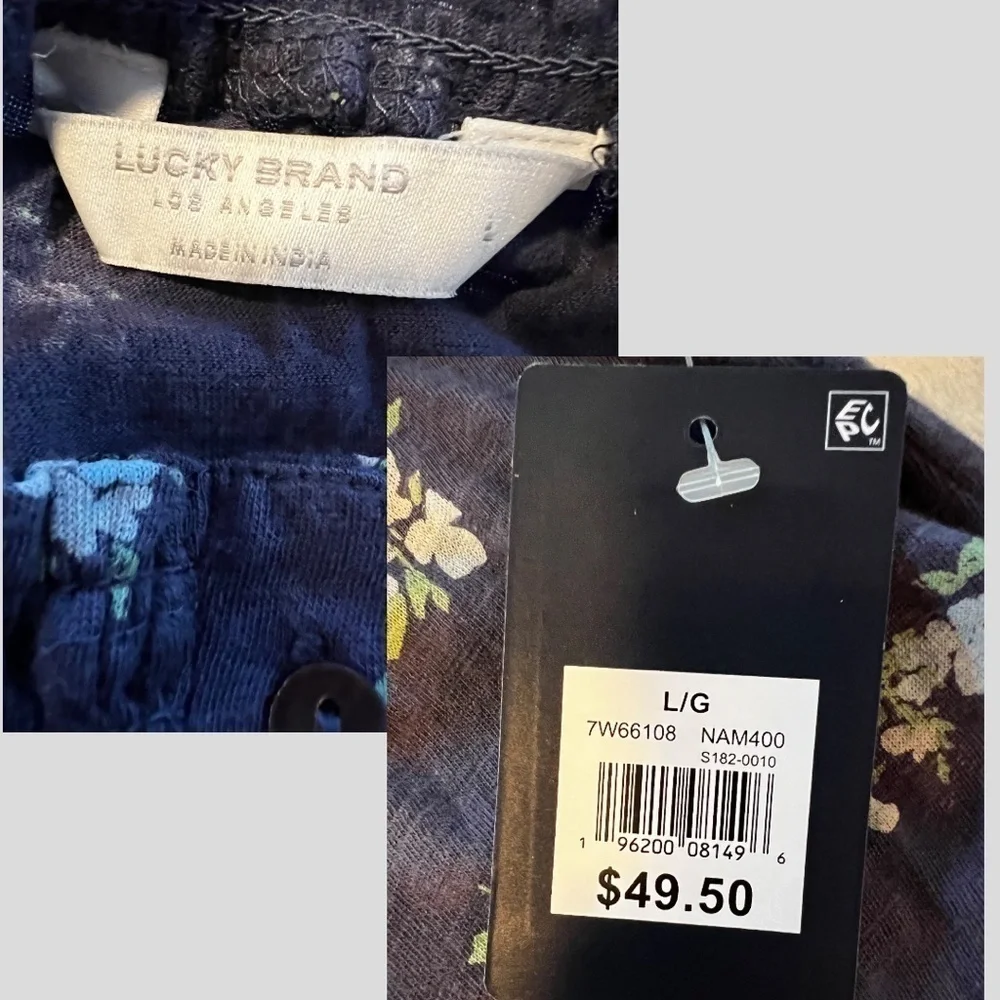 LUCKY BRAND Blue Floral On/Off Shoulder Bubble-Hem-Waist Peasant Top NWT/Lg